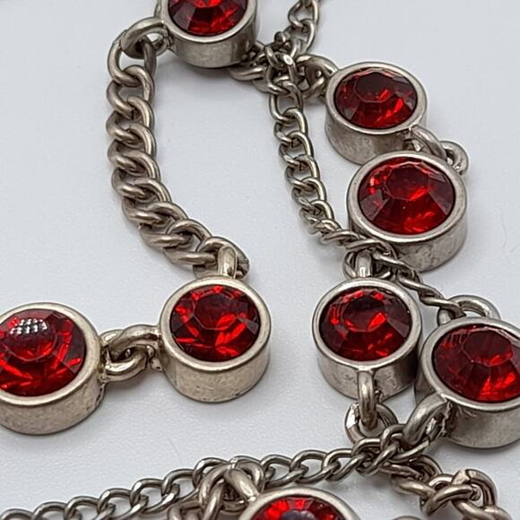 Chico's Red Rhinestone Necklace, Three Strands, Gold Tone, 22 Inches - Picture 6 of 10